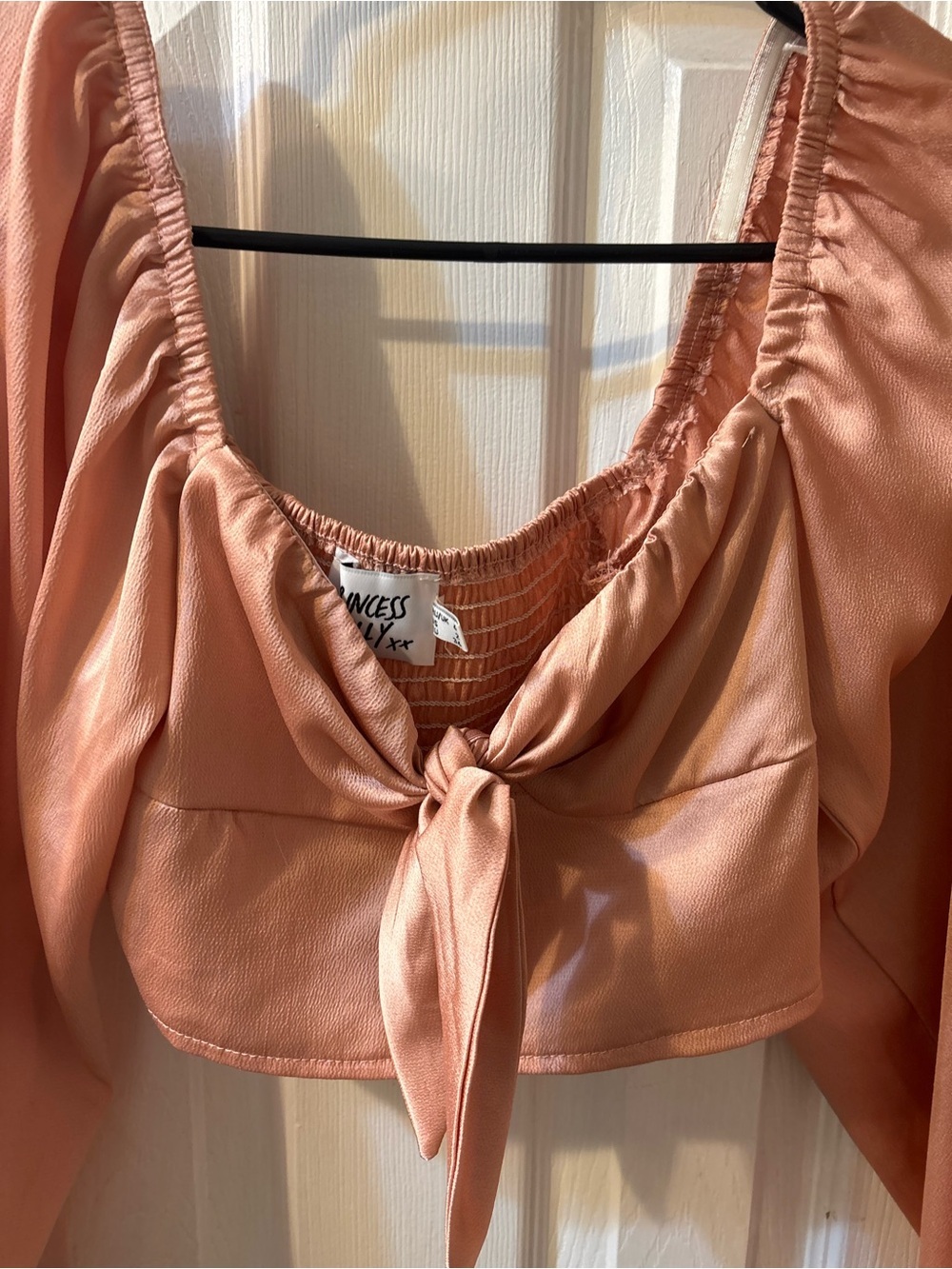 Princess Polly Rose Satin Tie-Front Long Sleeve Crop Top - Picture 5 of 6